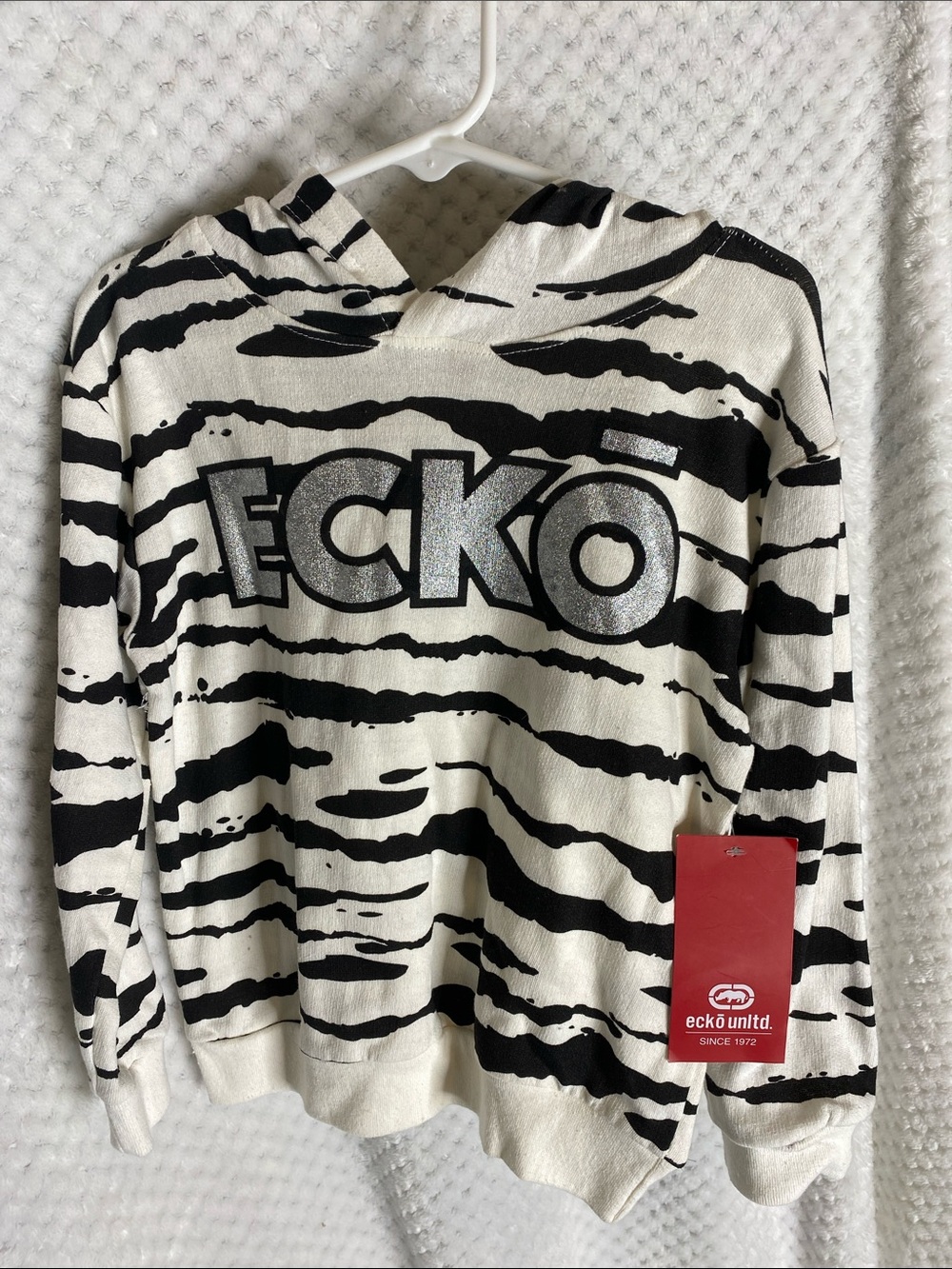 ECKO Black & Off White Zebra Striped Logo Hoodie Top